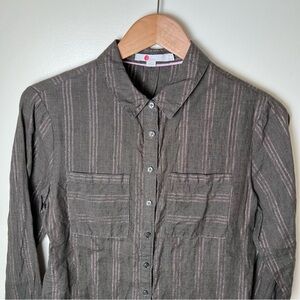 Boden Brown Button Down Linen Metallic Striped Long Sleeve Shirt Size 2 Reg
